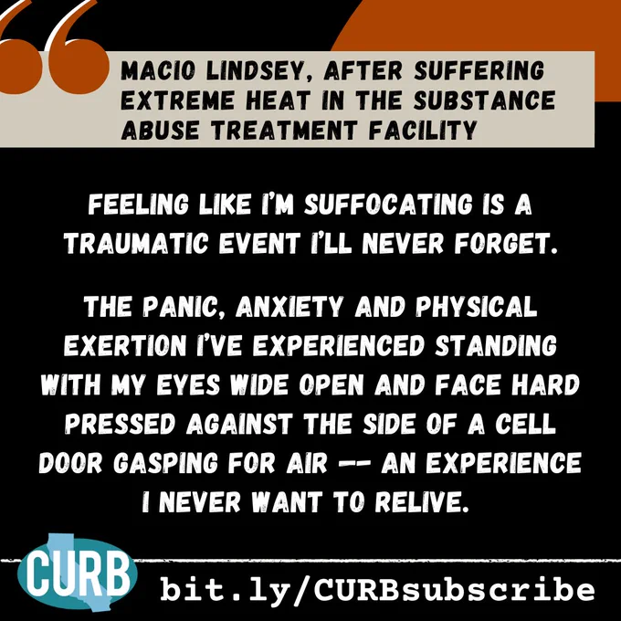 Same color scheme as previous. This graphic background is all black with orange in the top right corner. Top left corner has quotation marks in orange. There is a horizontal text bar at the top in a light beige with black text inside reading the name of the person inside sharing the quote below and what environmental event their quote is in reference to. Below this over the black background is their quote in white text. Same footer as previous. 