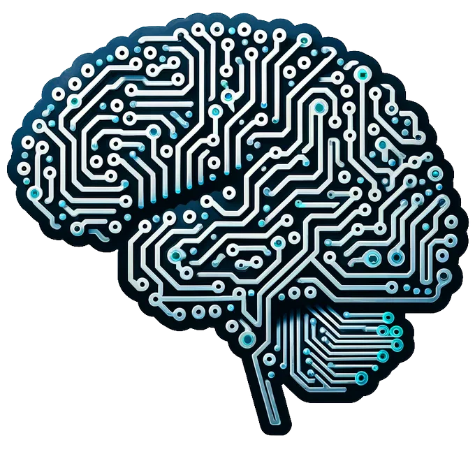 Graphic of blue and white circuitry in the shape of a human brain.