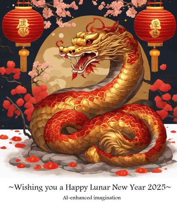 Lunar New Year 2025 greeting with a large gold snake with red on top side of coiled body. Snake is showing fangs and flanked by red Chinese lanterns, with a gold moon in the background and pink and red blossoms behind the snake. This is an AI-enhanced imagination from EduChange.