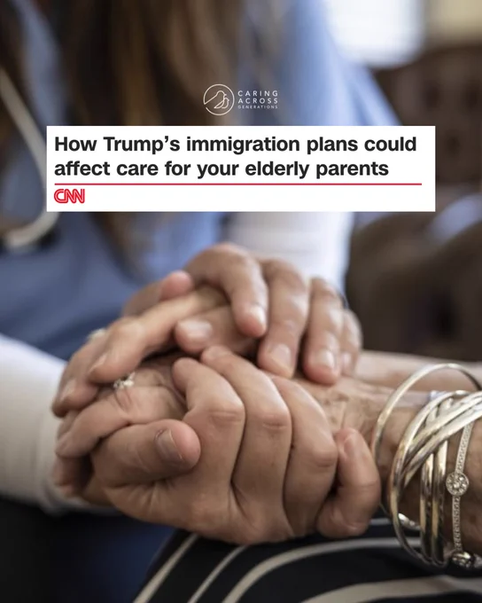 Close-up of two people holding hands over a document, showing logos for Caring Across Generations and CNN, with a headline about Trump’s plans for elderly care.
