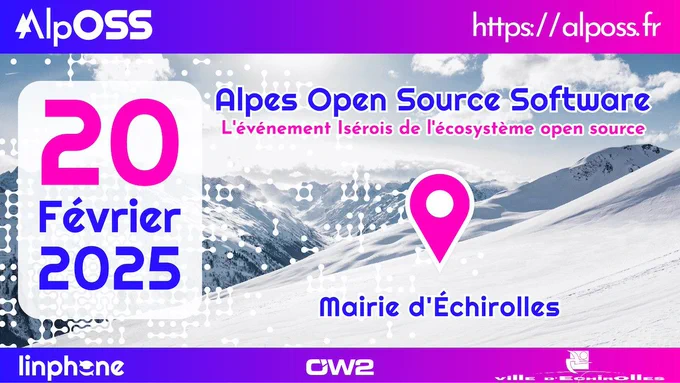 ⏳ J-15 avant AlpOSS 2025 : L'événement open source à ne pas manquer ! 🌟
📅 Date : 20 février 2025
📍 Lieu : Mairie d'Échirolles
🌐 Infos : https://adullact.org/agenda/163-alpes-open-source-software-alposs/2025-02-20-08-50
🚀 AlpOSS 2025, c’est le rendez-vous incontournable pour tous les passionnés et acteurs de l’open source ! Cet événement met en lumière l’écosystème local et régional, en réunissant éditeurs, prestataires, collectivités et utilisateurs autour des technologies open source.
💡 Au programme :
✔️ Conférences captivantes et ateliers interactifs
✔️ Exploration de nouveaux modèles de collaboration et d’affaires
✔️ Moments privilégiés de réseautage avec des exposants et experts

📌 RDV le 20 février 2025 à la Mairie d’Échirolles !
Ville d'Échirolles | OW2 | Belledonne Communications | Linphone
#AlpOSS2025 #OpenSource #Adullact #Événement #LogicielLibre