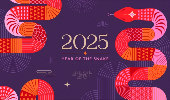 A graphic depicting a snake and the words 2025 Year of the Snake.