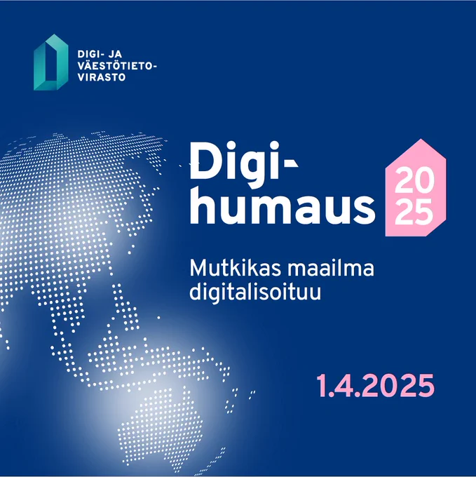 Kuvassa pikselikuvioitu maapallo ja teksti "Digihumays 2025: Mutkikas maailma digitalisoituu" 1.4.2025".
