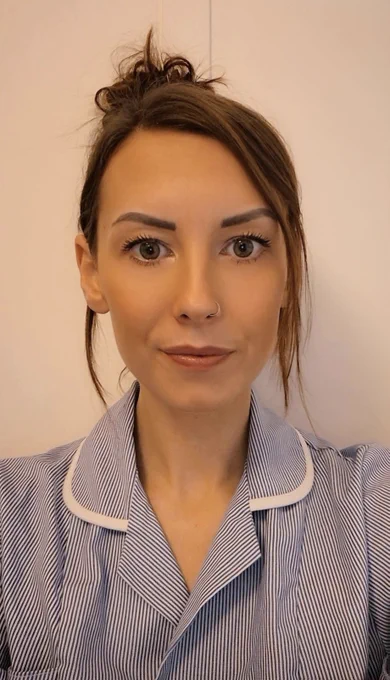 Rachel registered nurse selfie photo at work, who has completed her apprenticeship