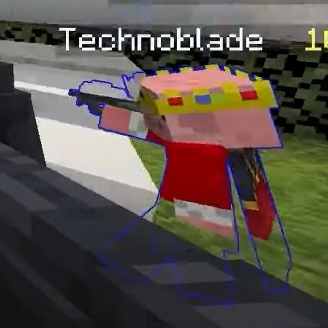Screenshot of the stream "100 Youtuber Minecraft Battle Royale!" of Minecraft Youtuber and streamer Technoblade walking in front of some quartz steps in a city-themed map, holding a hand-gun.