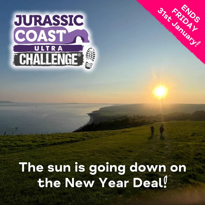 Promotional post for the jurassic Coast Ultra Challenge, showing a stunning sunset photo of two people walking the cliffs looking towards Portland and Weymouth. The Jurassic Coast Ultra Challenge logo is top left, a pink flash on the right hand corner declares 'ENDS FRIDAY 31st January!' and the white title says 'The sun is going down on the New Year Deal!' 