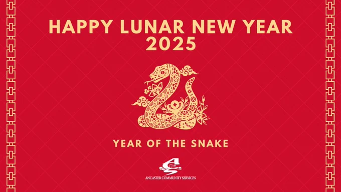Red background with yellow chain link design on the sides. Yellow text: HAPPY LUNAR NEW YEAR 2025 YEAR OF THE SNAKE Graphic image of a snake.