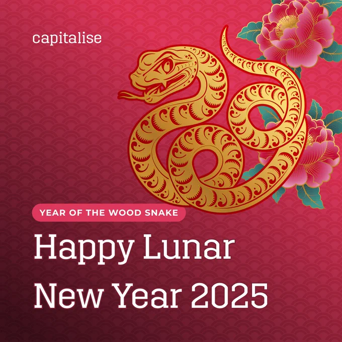 "A festive digital illustration celebrating Lunar New Year 2025, the Year of the Wood Snake. The image features a golden, intricately patterned snake coiled elegantly on a red background with a subtle wave pattern. The top left corner has the word 'capitalise' in white text. Below the snake, vibrant pink and gold peonies with green leaves add a decorative touch. A pink banner near the bottom reads 'Year of the Wood Snake,' followed by bold white text that says 'Happy Lunar New Year 2025.'"