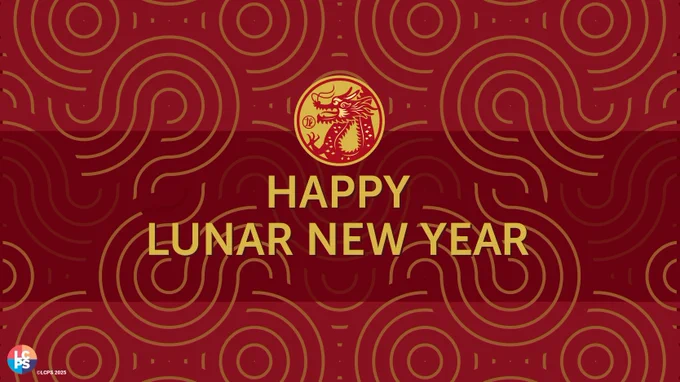 A graphic with a red background and yellow lines making circles and half circles.  Small illustration of a dragon above with text reading, "Happy Lunar New Year."