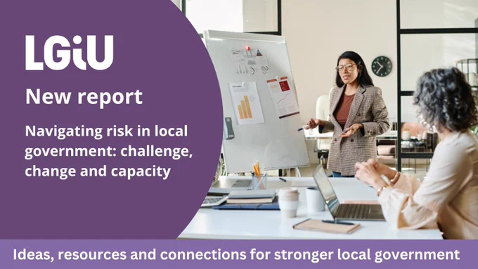 Text is title of the new report Navigating risk in local government: challenge, change and capacity and there is an image of a woman giving a presentation to colleagues.