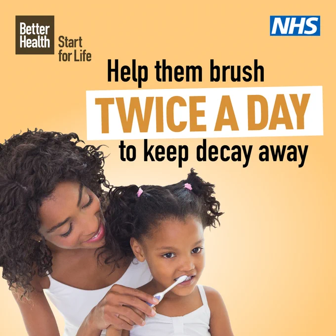 A mother helping her child brush her teeth with the caption "Help them brush twice a day to keep decay away".