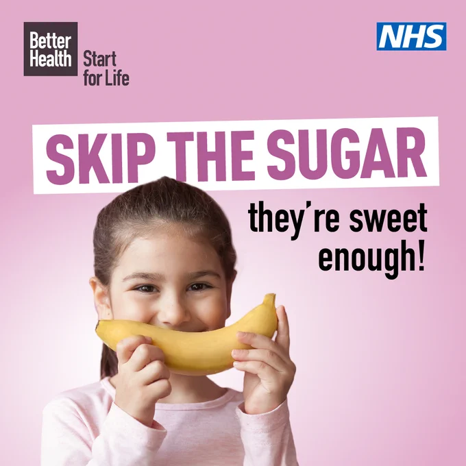A young girl holding up a banana to her face like a smile with the caption "Skip the sugar, they're sweet enough".