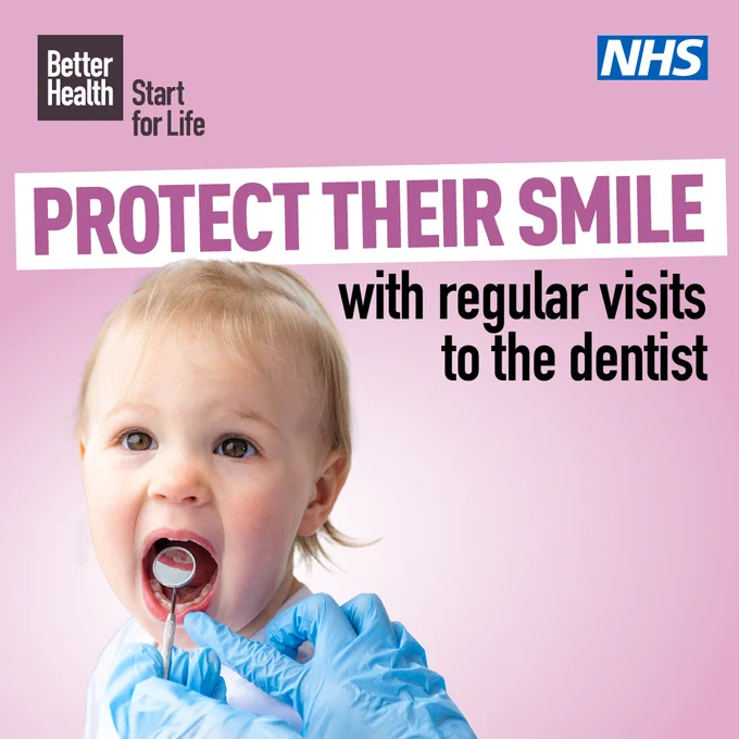 A toddler with a dentist mirror held inside their mouth with the caption "Protect their smile with regular visits to the dentist"