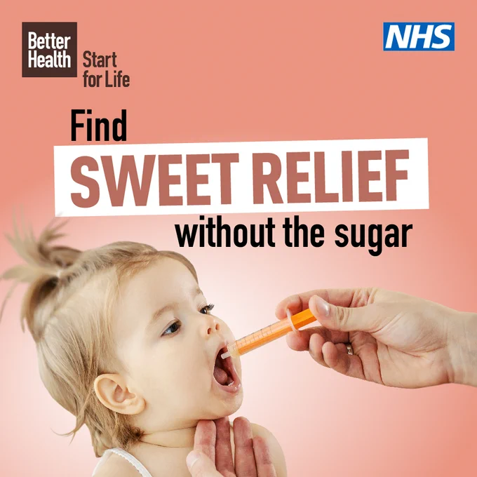 A baby being given medicine using an oral syringe with the caption "Find sweet relief without the sugar".