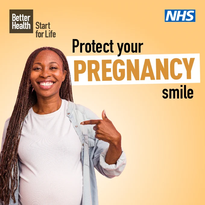 A beaming pregnant woman pointing at herself with the caption "Protect your pregnancy smile".