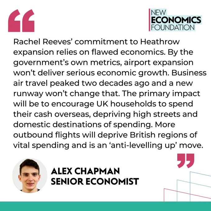 Quote from Alex Chapman, senior economist: Rachel Reeves’ commitment to Heathrow expansion relies on flawed economics. By the government’s own metrics, airport expansion won’t deliver serious economic growth. Business air travel peaked two decades ago and a new runway won’t change that. The primary impact will be to encourage UK households to spend their cash overseas, depriving high streets and domestic destinations of spending. More outbound flights will deprive British regions of vital spending and is an ​‘anti-levelling up’ move.