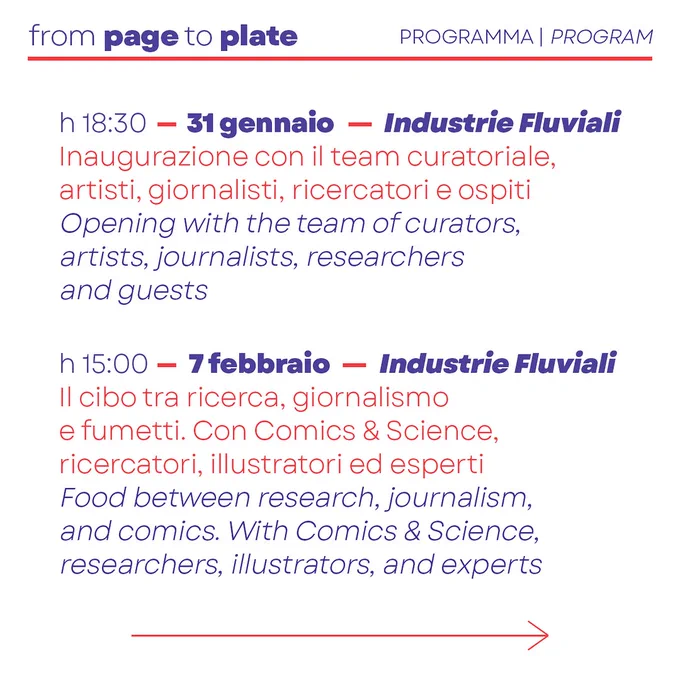 Programma della mostra "From page to Plate: Sketching Food Resilience". Si tratta di un'iniziativa promossa dal giornale Domani e da The American University of Rome.