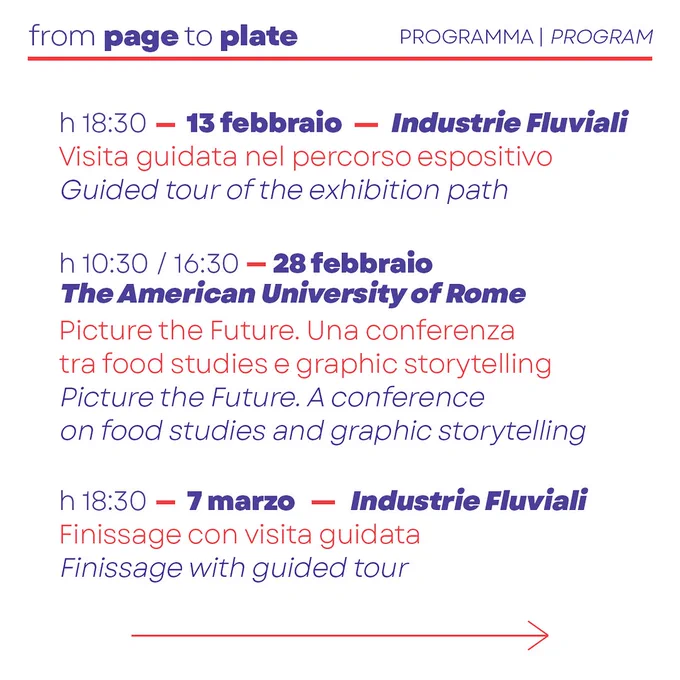 Programma della mostra "From page to Plate: Sketching Food Resilience". Si tratta di un'iniziativa promossa dal giornale Domani e da The American University of Rome.