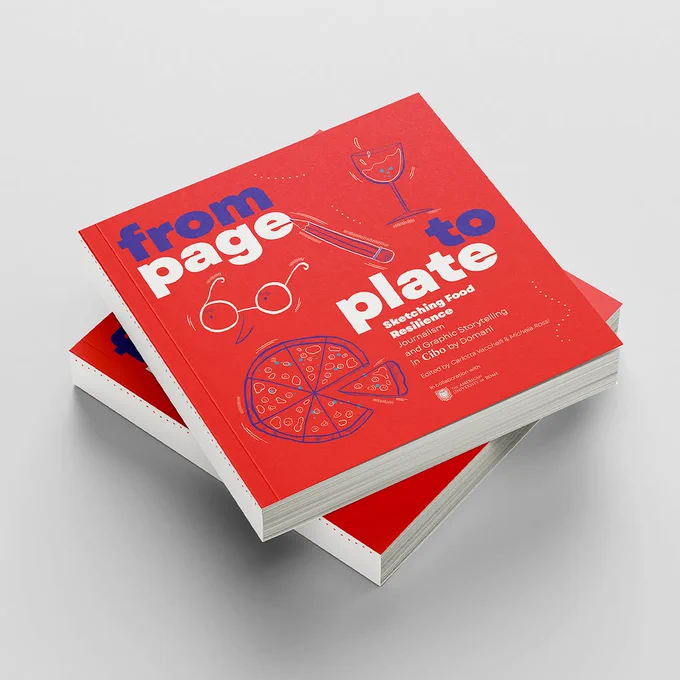 Render del catalogo della mostra "From page to Plate: Sketching Food Resilience". Si tratta di un'iniziativa promossa dal giornale Domani e da The American University of Rome.
