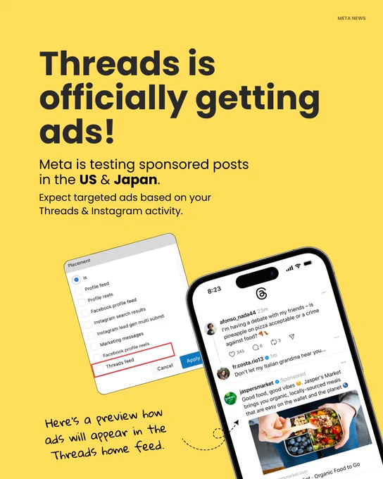 It’s official! Threads ads are here! Five months ago, we saw the first signs—now, Meta is testing ads in the home feed with selected advertisers.

Will this change your experience? 🤔
