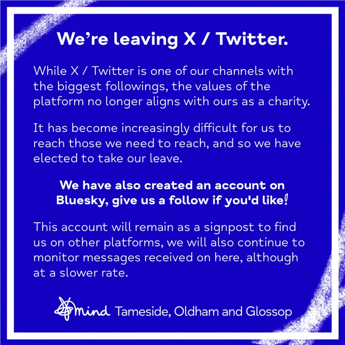 We're leaving X / Twitter. 

While X / Twitter is one of our channels with the biggest followings, the values of the platform no longer aligns with ours as a charity. 

It has become increasingly difficult for us to reach those we need to reach, and so we have elected to take our leave.

We have created a Bluesky, give us a follow if you would like!

This account will remain as a signpost to find us on other platforms, we will also continue to monitor messages received on her, although at a slower rate.