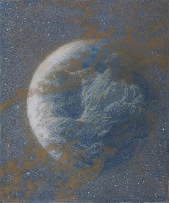 This pastel is Lady of the Moon by Edward Robert Hughes (1851 - 1914). It shows a view of a blue and white moon in a blue night sky spotted with stars. A woman is shown reclining across the surface of the moon, seated in three quarter profile facing to the left. She has her eyes closed and her head tipped back, and wears a long white dress. Sandy coloured clouds drifts across the surface of the artwork, partially obscuring the scene.