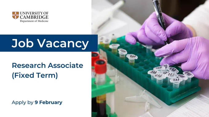 Picture of lab equipment on the righthand side and on the lefthand side, text reads: Job Vacancy, Research Associate (Fixed Term), Apply by 9 February