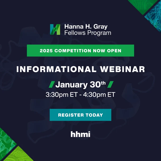 Promotional image for the Hanna H. Gray Fellows Program informational webinar, scheduled for January 30th from 3:30 PM to 4:30 PM ET. Features a green and blue graphic background with text encouraging to register today at hhmi.