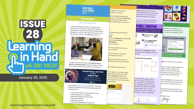 Graphic showing tiny thumbnails of the contents of Issue 28 of the Learning in Hand Newsletter