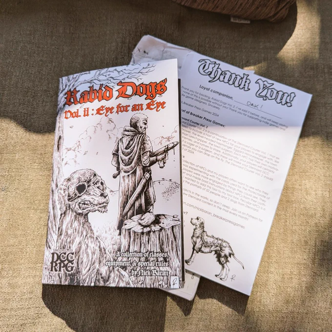 the cover of Rabid Dogs Vol. II: Eye for an Eye. And Thank-You letter.
