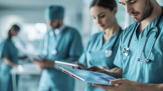 Photo of nurses holding tablet devices