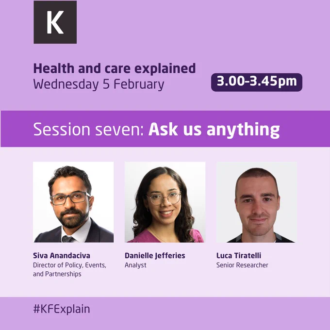 Promotional graphic for KF Explain event on Wednesday 5 February, titled 'Ask us anything', from 3:00-3:45 PM. Features photos and titles of speakers: Siva Anandaciva, Director of Policy, Events, and Partnerships; Danielle Jefferies, Analyst; and Luca Tiratelli, Senior Researcher.