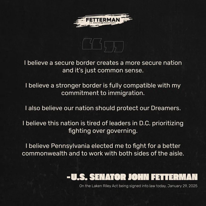A graphic with the statement:

“I believe a secure border creates a more secure nation and it’s just common sense.  

“I believe a stronger border is fully compatible with my commitment to immigration. 

“I also believe our nation should protect our Dreamers.  

“I believe this nation is tired of leaders in D.C. prioritizing fighting over governing. 

“I believe Pennsylvania elected me to fight for a better commonwealth and to work with both sides of the aisle.”