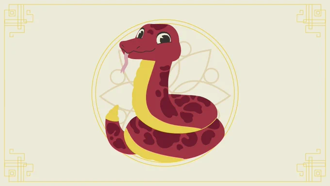 An illustration of a red and yellow snake. The snake has a friendly expression, with large, expressive eyes and a small pink tongue sticking out. It is coiled in a relaxed position, with one part of its tail raised slightly. The background features a pale yellow, ornamental circular design with floral elements, framed by a decorative gold border with intricate corner details.