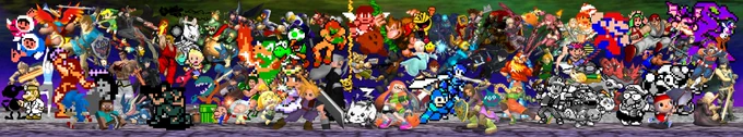 super smash bros ultimate banner illustration with each character drawn/rendered in the style of their first appearance