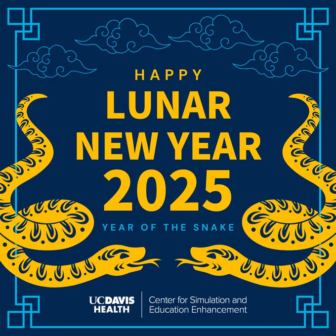 Image of two golden snake graphics on a blue background with text that says "Happy Lunar New Year 2025, Year of the Snake" along with the simulation center logo. 