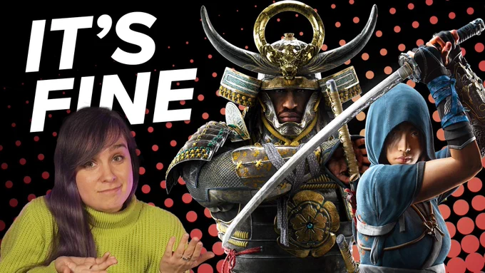 Text reads "It's fine" next to an image of Ellen shrugging with a polite smile, and Yasuke and Naoe from Assassin's Creed Shadows doing cool poses.