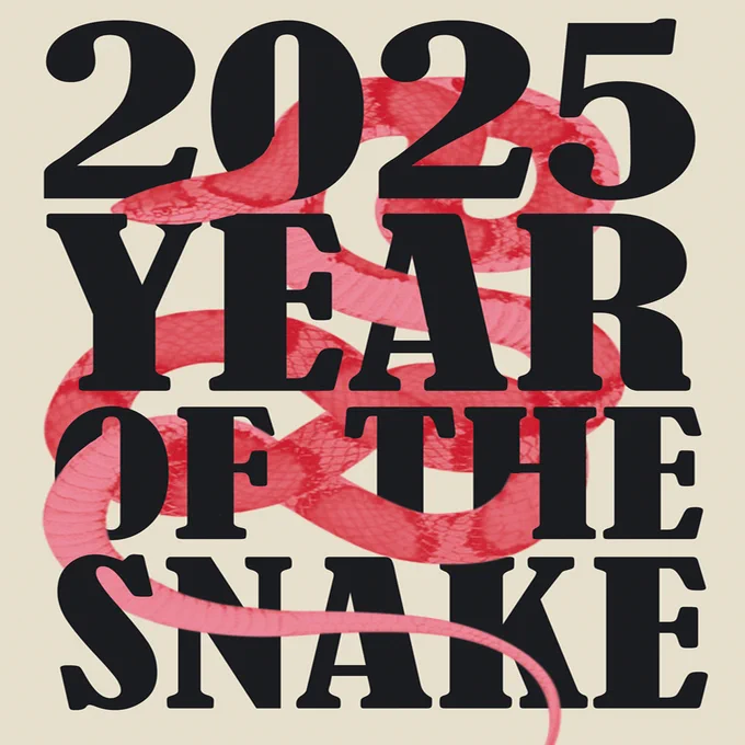 A red snake coils its way through black text saying "2025 YEAR OF THE SNAKE"