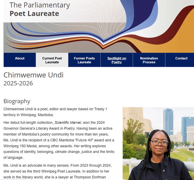 Screenshot from the Parliamentary Poet Laureate website showing Chimwemwe Undi as the 2025-2026 Poet Laureate. 
