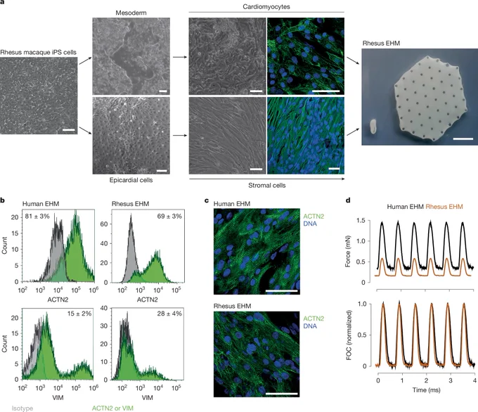 This is figure 1, which shows rhesus macaque engineered heart muscle formulation and characterization. 