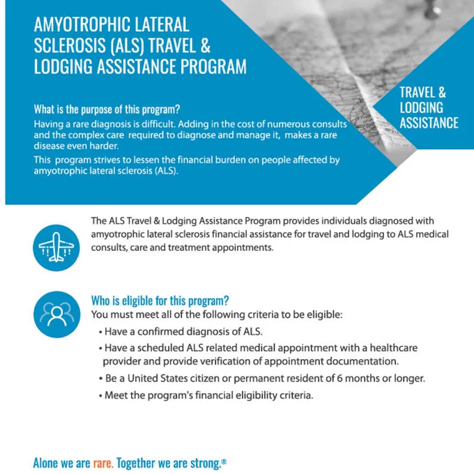 Infographic explaining the Amyotrophic Lateral Sclerosis (ALS) Travel & Lodging Assistance Program. It describes the challenges of ALS, details program eligibility, and emphasizes the support available for individuals diagnosed with ALS, including travel and lodging assistance.