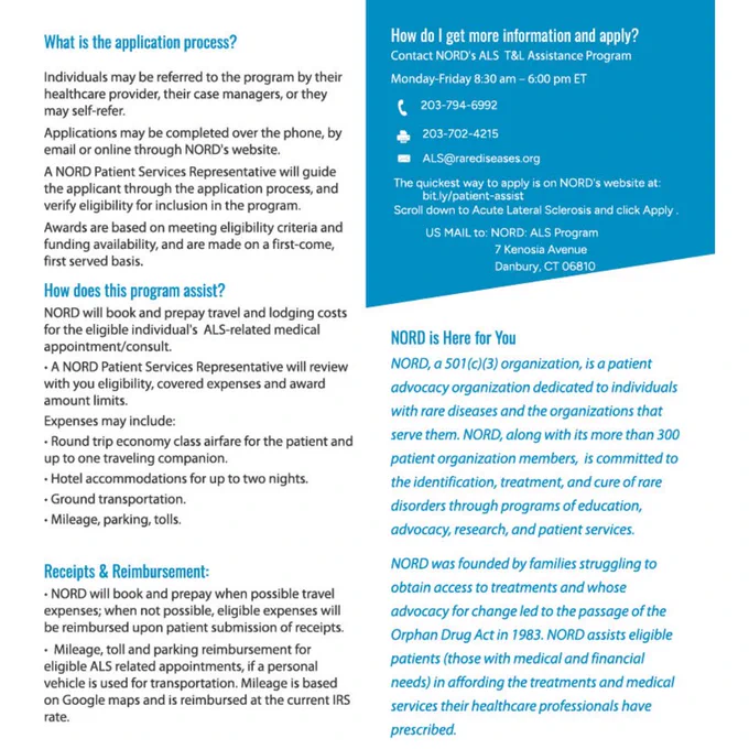 Image of a document detailing information about a health service provider called NORDA. The document includes sections on how the application process works, funding availability, and steps on how to apply and contact the organization. Key features include individual case management, representation at IRS offices for medical privileges, and NORDA's commitment to helping those in need navigate the health system more effectively.