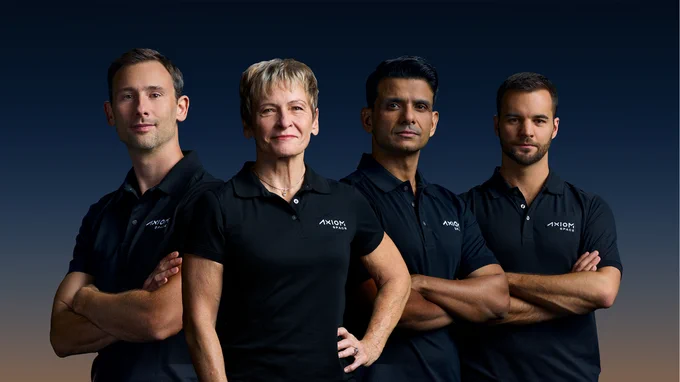 The Axiom Mission 4, or Ax-4, crew will launch aboard a SpaceX Dragon spacecraft to the International Space Station from NASA’s Kennedy Space Center in Florida no earlier than Spring 2025. From left to right: ESA (European Space Agency) astronaut Sławosz Uznański-Wiśniewski of Poland, former NASA astronaut Peggy Whitson,  ISRO (Indian Space Research Organization) astronaut Shubhanshu Shukla, and Tibor Kapu of Hungary. Credit: Axiom Space