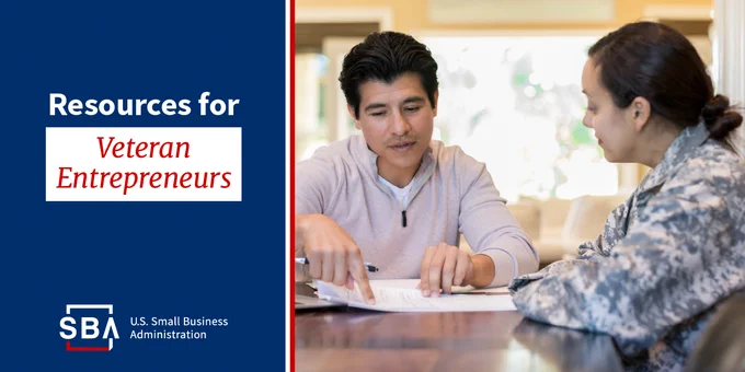 Promotional image from the U.S. Small Business Administration featuring two individuals discussing documents at a table, with text reading 'Resources for Veteran Entrepreneurs'.