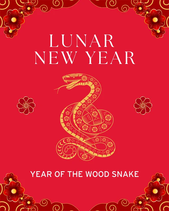 Lunar New Year; year of the wood snake with a snake sticking out its tongue surrounded by decorative flowers