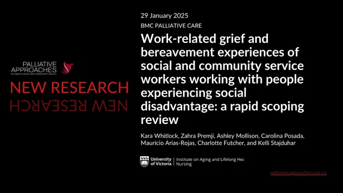New Research
29 January 2025
BMC Palliative Care
Work-related grief and bereavement experiences of social and community service workers working with people experiencing social disadvantage: a rapid scoping review
Kara Whitlock, Zahra Premji, Ashley Mollison, Carolina Posada, Mauricio Arias-Rojas, Charlotte Futcher, and Kelli Stajduhar