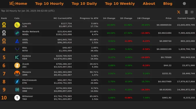 Top 10 Hourly Market Cap Gainers - Jan 30, 2025 04:02