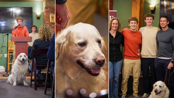 From L to R: Cody reads an excerpt about the family dog, Wilson, as Wilson happily looks on; a close-up of Wilson at the author event; the Watts family poses for a photo after the event.