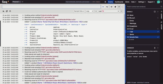 The Seq 2025.1 Events screen, shown in the new Light theme.