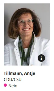 Offizielles Bild von Antje Tillmann, Abgeordnete der CDU/CSU mit ihrer Nein-Stimme.